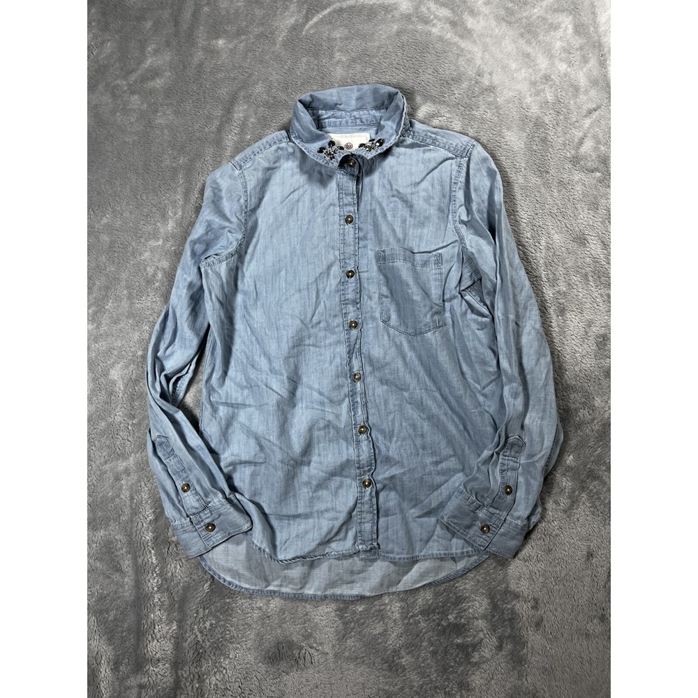 100% Cotton Denim Chambray Button Down Shirt Medium With Gems